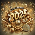 The number 2025 in gold 3D lettering with festive decorations of gold stars. Royalty Free Stock Photo