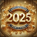 The number 2025 in gold 3D lettering with festive decorations of gold stars. Royalty Free Stock Photo