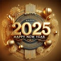 The number 2025 in gold 3D lettering with festive decorations of gold stars. Royalty Free Stock Photo