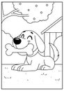 Coloring book page dog with a toothy grin, enjoys a juicy bone in a sunny backyard, ready for coloring Royalty Free Stock Photo
