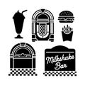 aAset of vector silhouette image set of Milkshake, jukebox, burger, fries, neon sign, checkered floor. Royalty Free Stock Photo