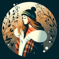 Flat illustration of a woman in winter clothes being touched by sun rays and interesting shadows. Girl at golden hour in nature Royalty Free Stock Photo