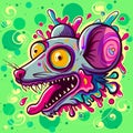 Anthropomorphic trippy rat head screaming. Psychedelic acid art of a stoned mouse with sharp teeth and pink liquid Royalty Free Stock Photo
