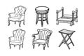 Set of Klinai, Faldstool, Curule Chair, Farthingale Chair, and Taboret Furniture Silhouette Vector Illustration Royalty Free Stock Photo