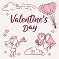 whimsical valentine\'s day illustration. A whimsical Valentine\'s Day card with hand-drawn doodles of cupids, love letters, Royalty Free Stock Photo