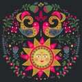 Scandinavian folk art with Sun, Birds and flowers, symmetrical vector illustration. Royalty Free Stock Photo