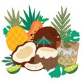 Summer tropical fruits, pina colada cold cocktail. Beach bar party template Royalty Free Stock Photo