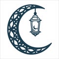 Ramadan Feast Eid al Fitr Geometric crescent moon cradling a single lantern in warm gold Royalty Free Stock Photo