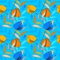 Blue pattern, yellow tulips, leaves and plants. Royalty Free Stock Photo