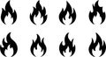 Set of Black Flame Silhouettes - Fire Icons and Symbols for Design Royalty Free Stock Photo