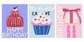 Collection of abstract Birthday posters in cartoon style with inscription, cake and gift box Royalty Free Stock Photo