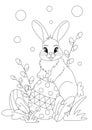 Easter coloring book page. Hare, bunny siting and holding ester egg. Leaves and flowers around it. Royalty Free Stock Photo