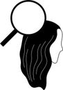 Black silhouette of stylized female head in flat style with a magnifying glass near the hair. Royalty Free Stock Photo