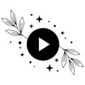 Play Button Silhouette - Black & White Line Art with Leaves & Stars Royalty Free Stock Photo