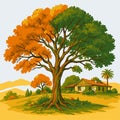 Scenic Watercolor Tree and Countryside Home Royalty Free Stock Photo