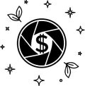 Photography Business Icon - Black & White Line Art with Leaves & Stars Royalty Free Stock Photo