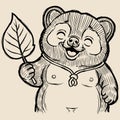 Smiling Tanuki with Leaf Sketch - Vintage Japanese Monochrome Royalty Free Stock Photo