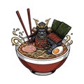 Digital illustration of a samurai with armor inside ramen bowl Royalty Free Stock Photo