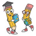 Educational Pencil Cartoon Duo Exploring Knowledge and Nature with Graduation Royalty Free Stock Photo