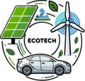 Circular illustration featuring a solar panel, wind turbine, and electric car, technology and sustainability logo Royalty Free Stock Photo