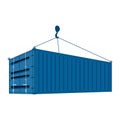 blue cargo shipping container with crane hook Royalty Free Stock Photo
