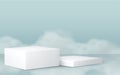 Empty white square product display podiums in a realistic 3D render with a soft, ethereal blue & cloudy background for showcasing Royalty Free Stock Photo