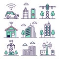 Futuristic Smart City Icons,art illustrations depict various smart city elements in a grid. Royalty Free Stock Photo