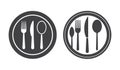 Two oval emblems featuring cutlery silhouettes including forks knives and spoons isolated on white background silhouette Royalty Free Stock Photo