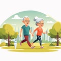 Elderly couple walking energetically in a park. The man, in a green shirt and red pants, holds Royalty Free Stock Photo