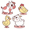 Four cartoon farm animals with exaggerated, large eyes and smiling expressions. Royalty Free Stock Photo