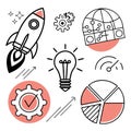 Rocket icon, light bulb, speedometer, pie chart, and globe with interconnected nodes are depicted. Royalty Free Stock Photo