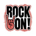 Rock On! Bold Text with Red Hand Gesture Vector Illustration Royalty Free Stock Photo