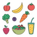Fresh apple, banana, tomato, broccoli, blueberry, carrot, strawberry, salad bowl, juice cup healthy food illustration Royalty Free Stock Photo