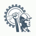 Minimalist icon of a hand holding a wrench, gripping a gear, an industrial Labor Day symbol. Royalty Free Stock Photo