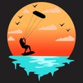 Kitesurfing silhouette on ocean waves with sunset background design Royalty Free Stock Photo