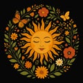 Sun And Flowers With Butterflies Mystical Boho Circle Retro Celestial Nature Illustration Vintage Hippie Design Royalty Free Stock Photo