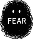 Abstract black blob with \'fear\' text and two white eyes conveying anxiety Royalty Free Stock Photo