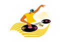 DJ spinning tunes, vector illustration, summer music party poster, Royalty Free Stock Photo
