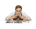 Illustration of a watchmaker repairing a pocket watch Royalty Free Stock Photo