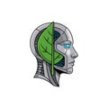 Cyborg Head with Leaf - Nature and Technology Royalty Free Stock Photo