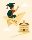 Student Flying on Loan Approved Paper Airplane Toward University Royalty Free Stock Photo