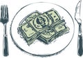 A black-and-white illustration shows a stack of banknotes placed on a dinner plate Royalty Free Stock Photo