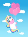 Cartoon unicorn with balloons in the sky. Cute kids illustration Royalty Free Stock Photo