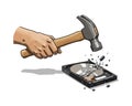 Illustration of a hand holding a hammer smashing a hard drive Royalty Free Stock Photo