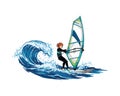 Illustration of a young woman windsurfing among the waves Royalty Free Stock Photo