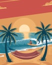 The image features a stylized beach scene with a sunset over the ocean. Royalty Free Stock Photo