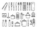 Collection of hand drawn kitchen utensils and appliances Royalty Free Stock Photo