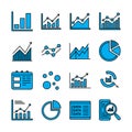 Sixteen blue graphical icons on a white background illustrate various types of charts and data-related concepts Royalty Free Stock Photo