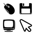 Retro computer icons: mouse, floppy disk, monitor, and cursor symbols. Royalty Free Stock Photo