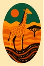 Giraffe Desert Sunset Oval Flat Vector Illustration Royalty Free Stock Photo